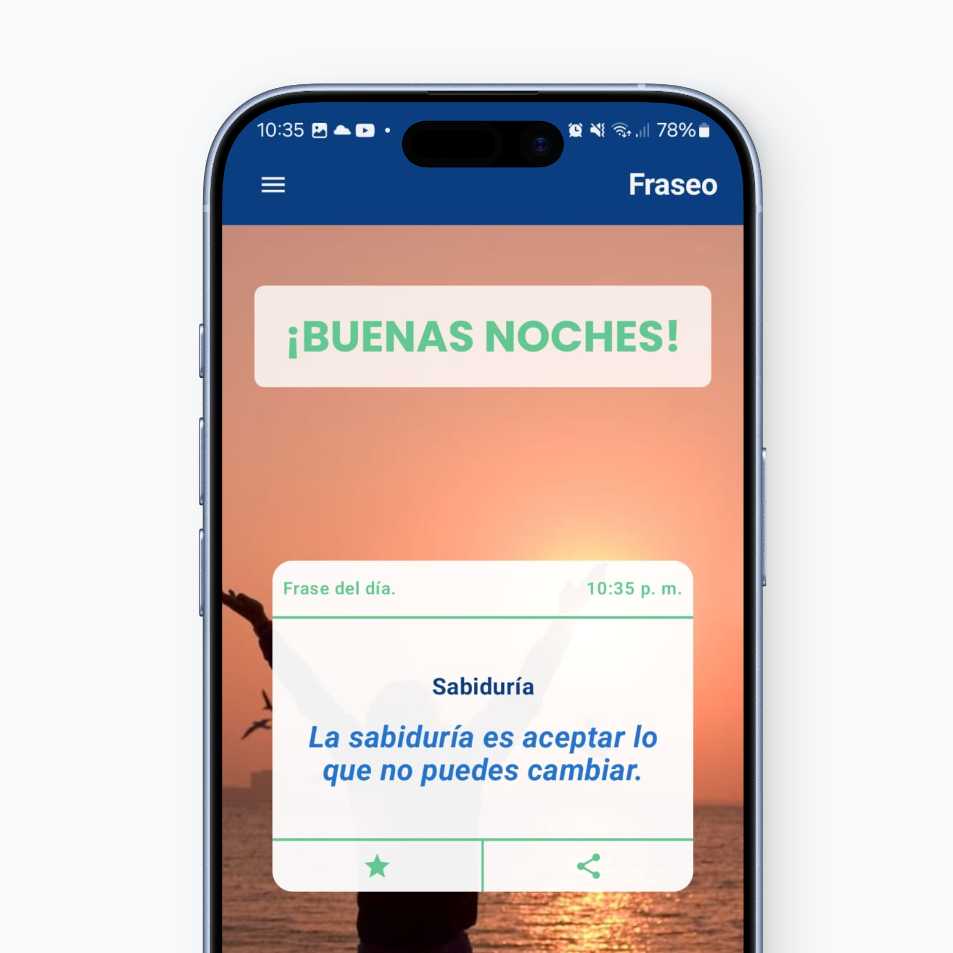 Captura de pantalla de la pantalla principal de la aplicación motivacional fraseo con una frase de la categoria de sabiduria.