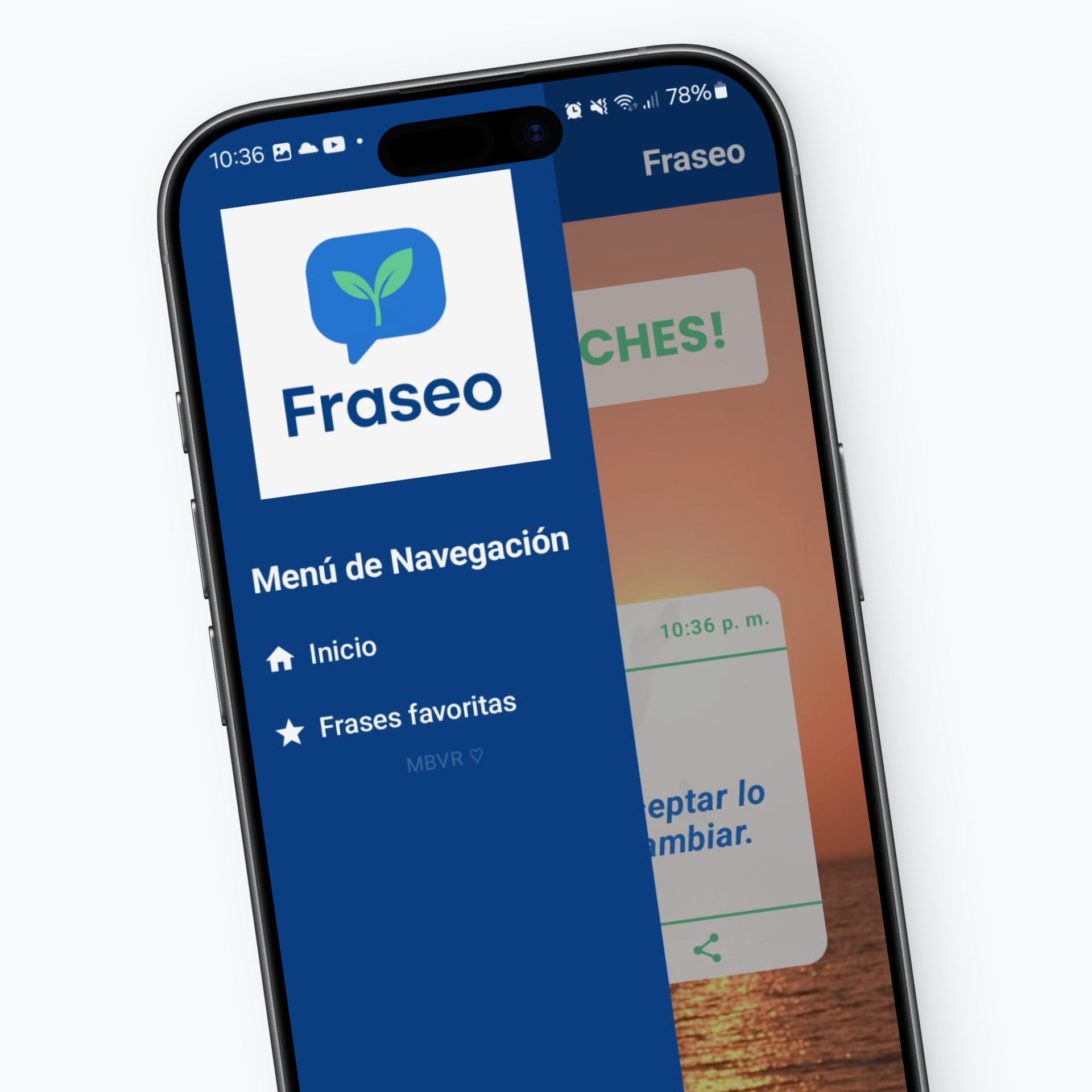 Captura de pantalla de la pantalla principal de la aplicación motivacional fraseo mostrando el menu de opciones disponibles con el incio y frases favoritas.